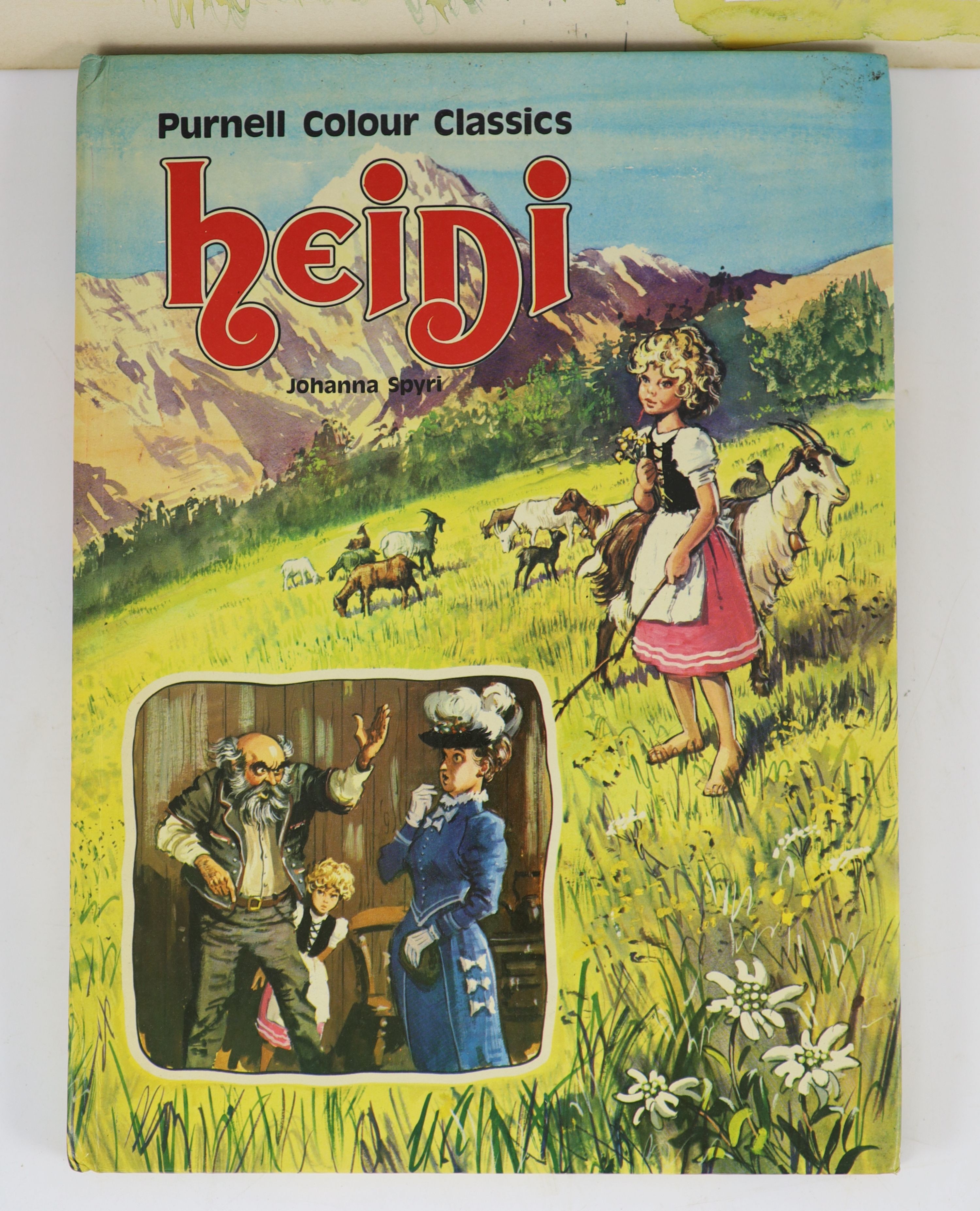 John Worsley (1919-2000) - A collection of 17 original book illustrations, in gouache and watercolour, for Heidi, each signed and dated, the largest (front and rear cover illustration), 54 x 76cms., together with a copy